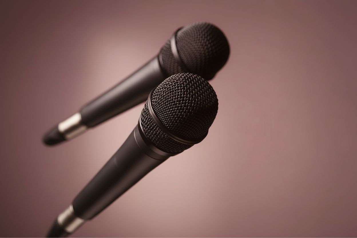 Two Handheld Microphones on a light background