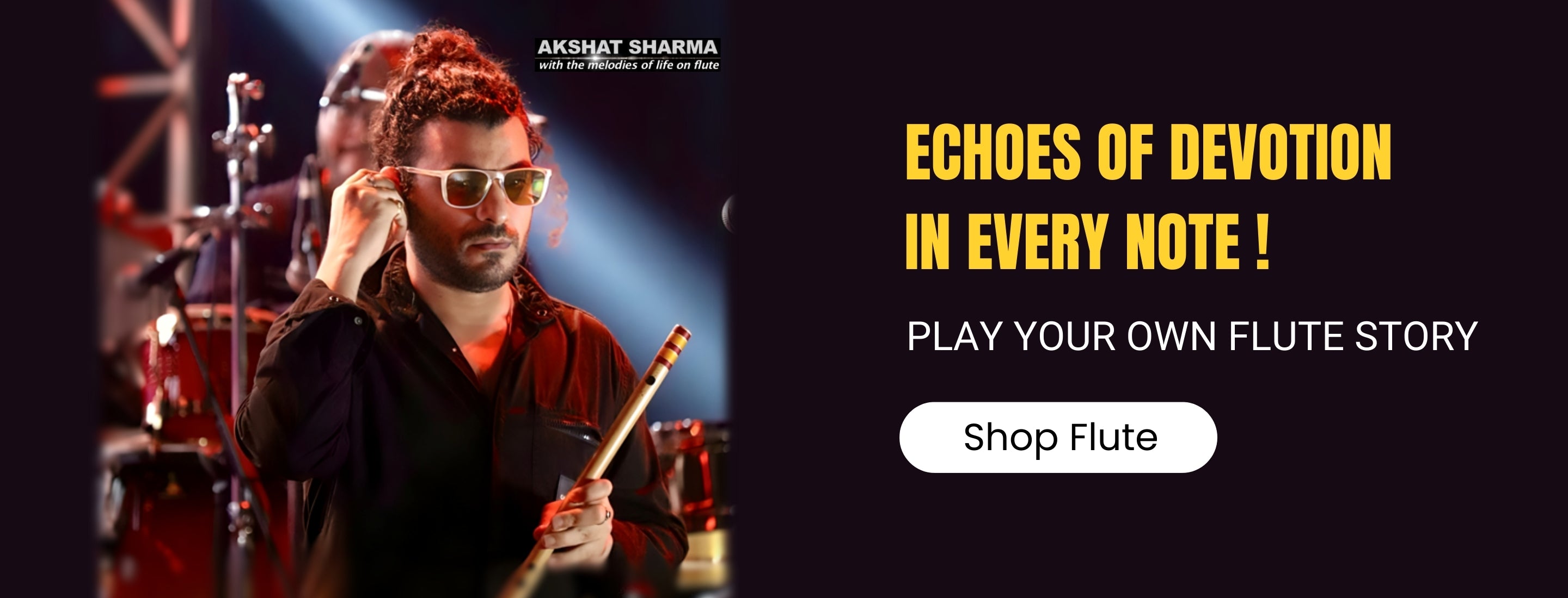 Website homepage banner featuring musician Akshat Sharma playing the flute on stage, with the text "Echoes of devotion in every note! Play your own flute story" and a "Shop Flute" button.
