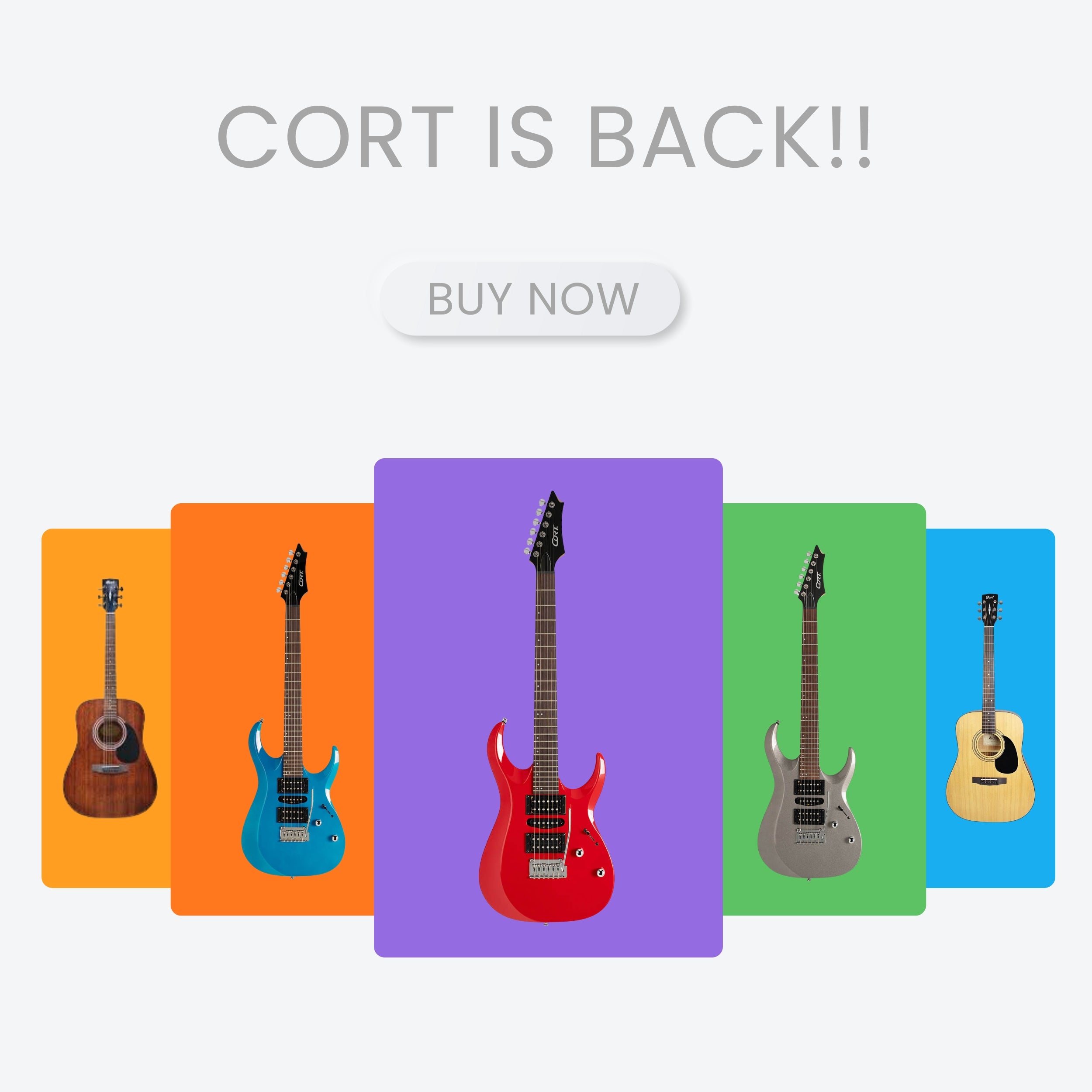 Promotional banner featuring Cort guitars with text "Cort is back" and a "Buy Now" button