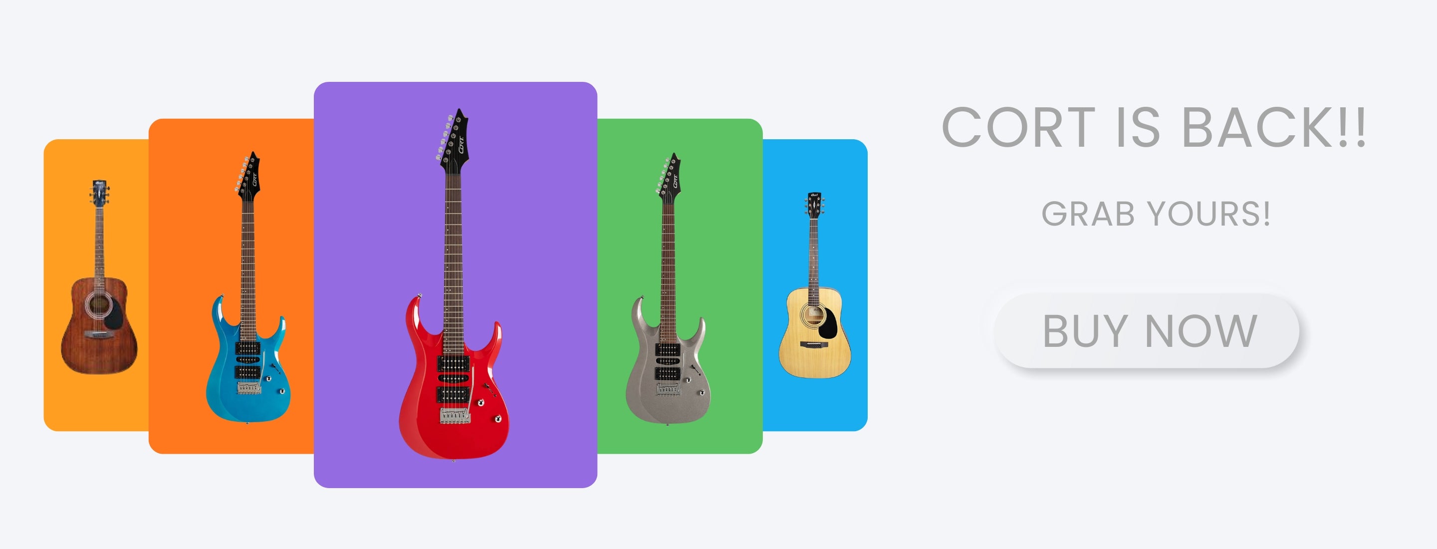 Promotional banner featuring Cort guitars with the text "Cort is back" and a "Buy Now" button