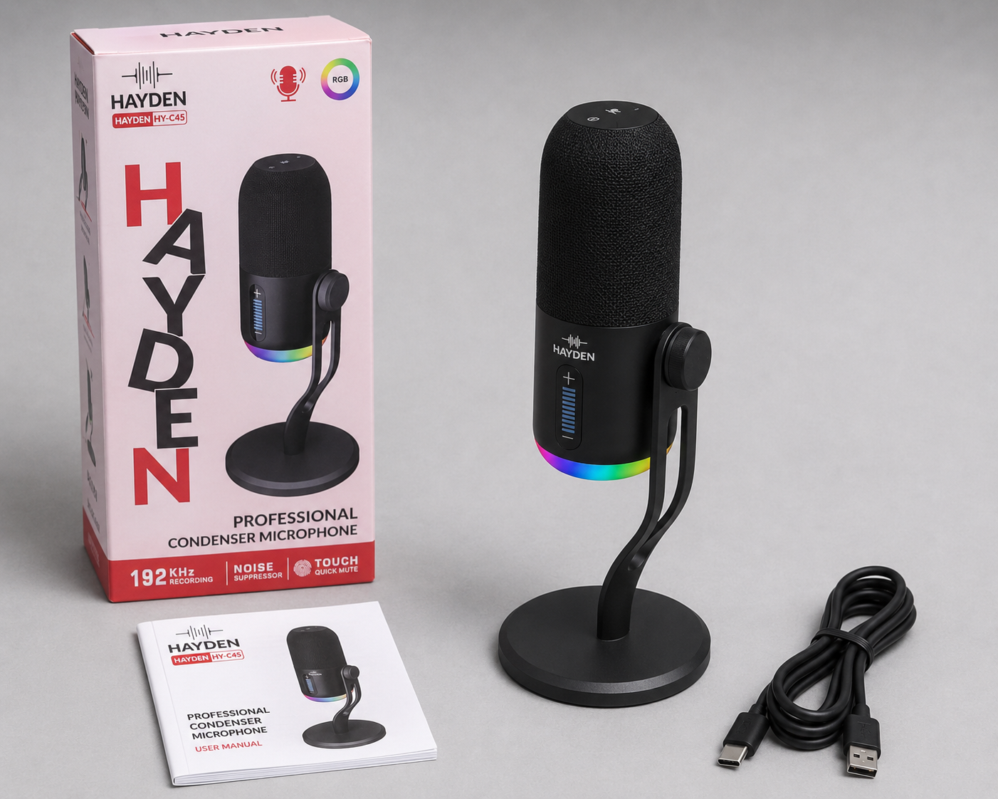 Hayden HY-C45 condenser microphone on its desktop stand, shown with its product packaging outer box, a USB-C cable, and the user manual.