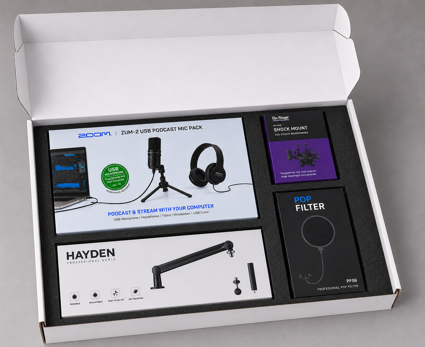 The complete Start Bundle for Solo Podcasting setup inside its product packaging