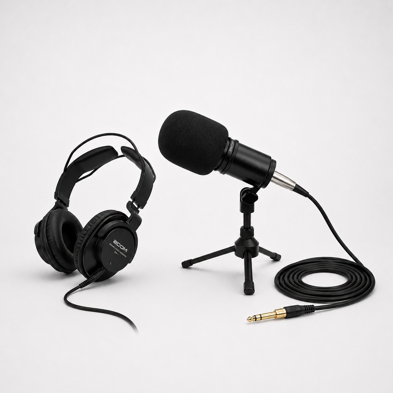 Zoom ZDM-1 Podcast Mic Pack gear including the ZDM-1 mic with windscreen, ZHP-1 closed-back headphones, tabletop tripod, and XLR cable.